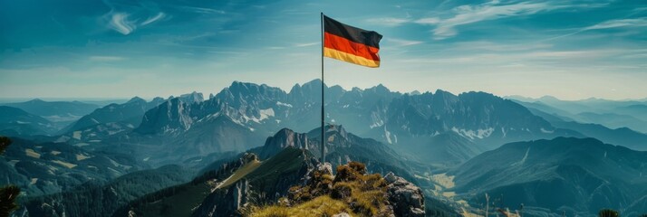 A scenic view of the Bavarian Alps with the German flag in the foreground, nature's pride