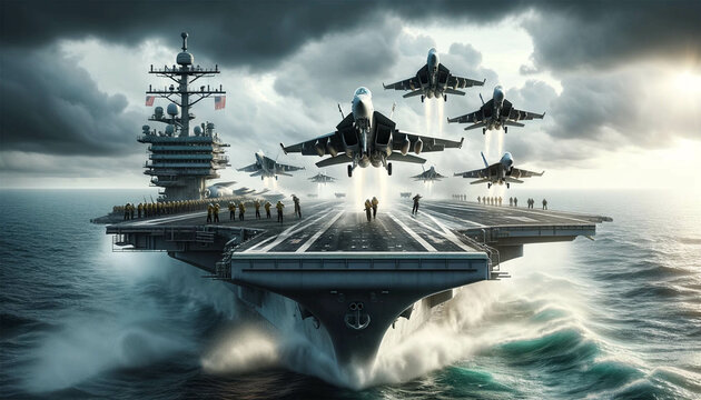 An image of a military aircraft carrier stationed in a combat zone, capturing the moment fighters were launched for a special operation. The aircraft carrier is filled with action, jets mid-takeoff.
