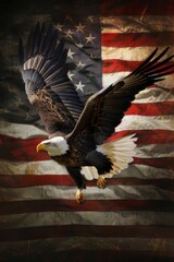 Naklejka premium Eagle flying against a backdrop of the USA flag, embodying freedom
