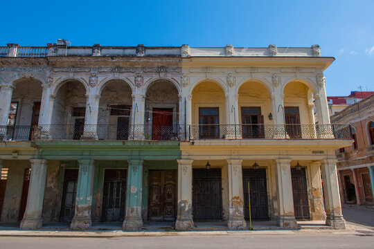 Historic buildings on Paseo del Prado between Calle Genios and Refugio Street in Old Havana (La Habana Vieja), Cuba. Old Havana is a World Heritage Site. 