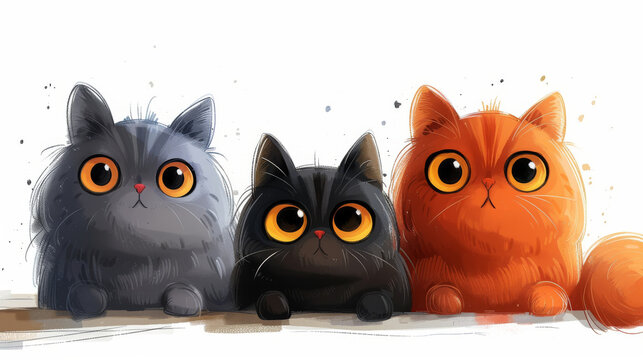 Three cute cats with large eyes look affectionately into the camera. An illustration for a children's book. Cats on a white background.