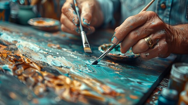 The artist is creating a painting on canvas using a brush