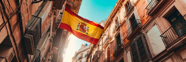 The Spanish flag hanging from a balcony in a narrow street during a sunny day