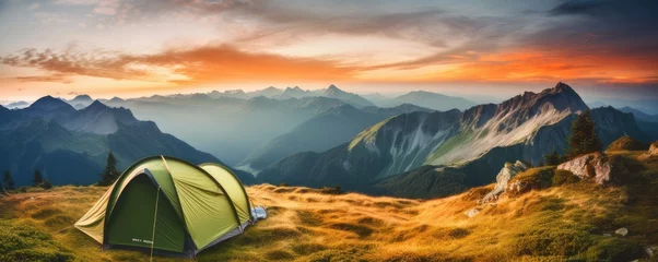 Fotobehang Perfect camping place high in the mountains with tent in summer season, banner. Generative Ai. © annamaria