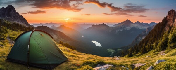 Perfect camping place high in the mountains with tent in summer season, banner. Generative Ai.