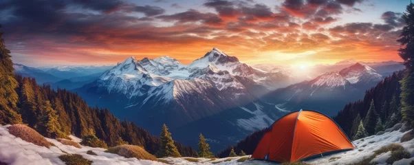 Foto op Canvas Perfect camping place high in the mountains with tent in winter season, banner. Generative Ai. © annamaria