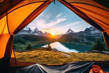 Perfect camping place high in the mountains with tent in summer season. Generative Ai.