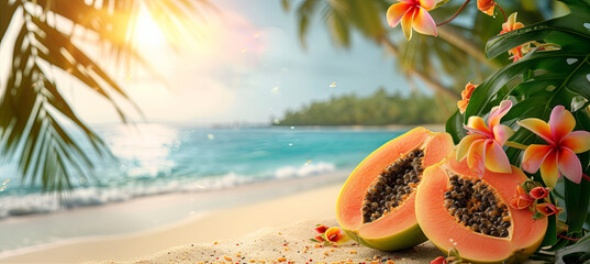 slice papaya isolated on the tropical beach background, concept of exotic fruits and summer holiday - obrazy, fototapety, plakaty