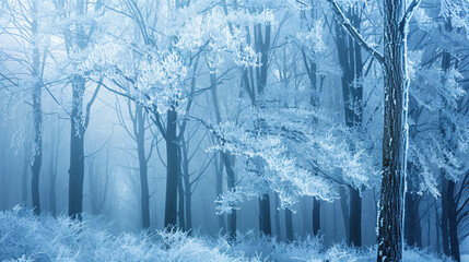 A serene frosty morning in a forest with trees covered in hoarfrost.