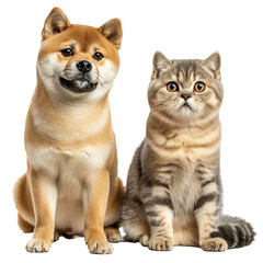 Front view close up of Shiba Inu and Scottish Fold on white or transparent background