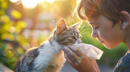 boy allergic to cats in nature - obrazy, fototapety, plakaty