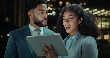 Business people, meeting and tablet at night with teamwork digital schedule and urban planning for architecture deadline. Architect collaboration, talk and happy for online project management outdoor