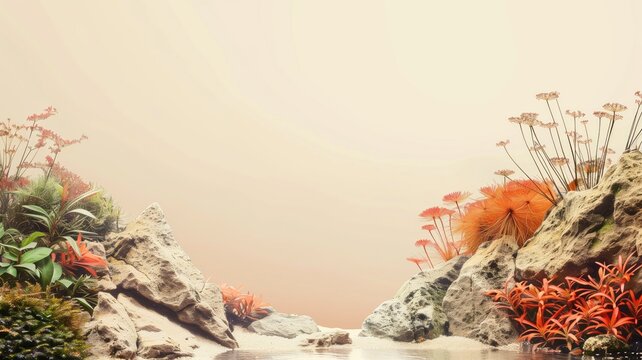 Surreal rocky landscape with exotic red flora and fog