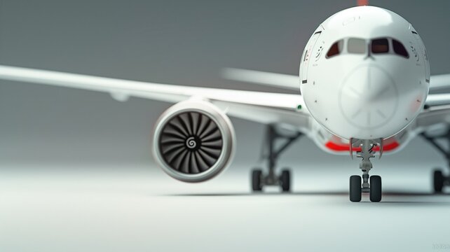 Detailed close-up of an airplane nose and jet engine on a grey background