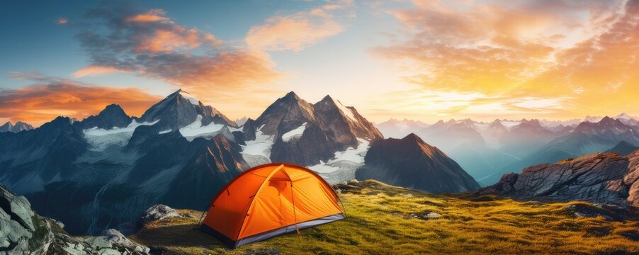 Perfect camping place high in the mountains with tent in summer season, banner. Generative Ai.