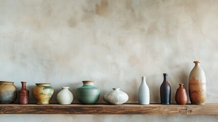 Assorted ceramic vases on a wooden shelf against a textured wall