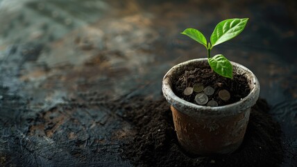 Young plant sprouting from soil-filled pot with coins, symbolizing investment and growth