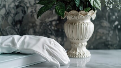 A sophisticated white glove rests on an open book beside a decorative vase with greenery