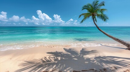 A sandy beach with clear blue skies, sparkling water, and a single palm tree casting a shadow
