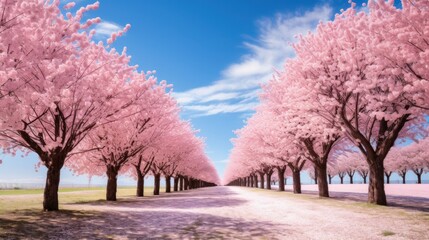 A field of pink cherry blossom trees in full bloom against a blue sky