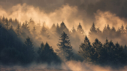A serene morning mist enveloping a quiet forest at dawn. - obrazy, fototapety, plakaty