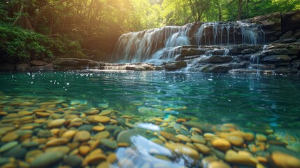 a waterfall, with crystal-clear water cascading over rocks into a serene pool below