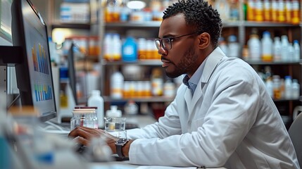 A man in a lab coat is working on a computer in a pharmacy - obrazy, fototapety, plakaty