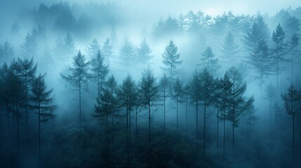Obraz na płótnie Canvas A minimalist photograph of a misty forest, with tall trees fading into the fog and soft