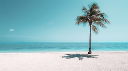 A sandy beach with clear blue skies, sparkling water, and a single palm tree casting a shadow