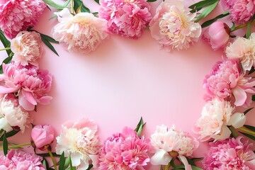 circular arrangement of pink and white peonies on a clean pink background, the beauty of these flowers in shades of pink and white
