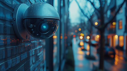 City Street Security: Surveillance Camera on Gray Wall for Outdoor CCTV Monitoring.