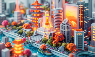 Futuristic Japanese City Mockup: Silver and Red Urban Lights. - obrazy, fototapety, plakaty