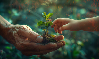 Elderly Hands Giving Plant Seedling to Young One. Concept of Planting, Gardening and Reforesting for a Sustainable Future. Growing for Wellbeing. Climat Impact, Eco-Awareness.