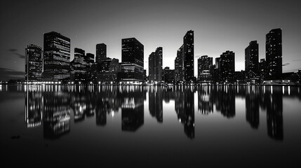 A series of urban silhouettes reflecting in the water at night.