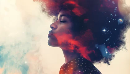 Foto auf Alu-Dibond Double exposure image of an african american woman and the universe vibrant. Concept of the Dream, transcendent and meditation  © mikhailberkut