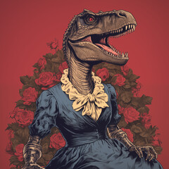 Feminine AI Tyrannosaurus Rex images, retro pin up poster, Dinosaurs as people. Anthropomorphism