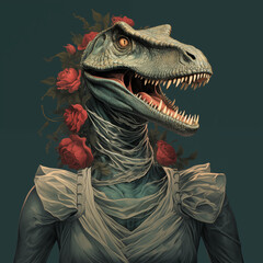 Feminine AI Tyrannosaurus Rex images, retro pin up poster, Dinosaurs as people. Anthropomorphism
