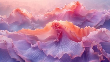 Digital artwork of abstract landscape with fluid wavelike structures transitioning from purple and blue to pink and orange, evoking gentle motion and tranquility. - obrazy, fototapety, plakaty