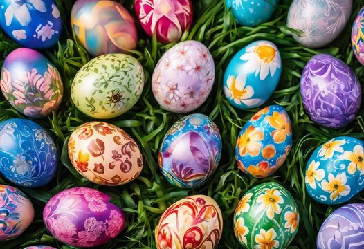 Decorated Easter Eggs Nestled in Bright Spring Grass, Surrounded by Pastel Flowers and Ribbons, religion, image, illustration