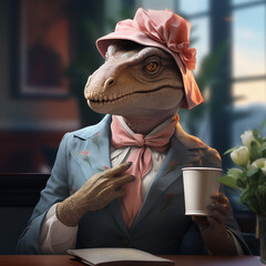 Feminine AI Tyrannosaurus Rex images, drinking coffee. Dinosaurs as people. Anthropomorphism