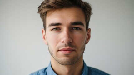 Fototapeta premium Young man facing camera with dark blond hair and stubble beard, wearing blue shirt in plain background.
