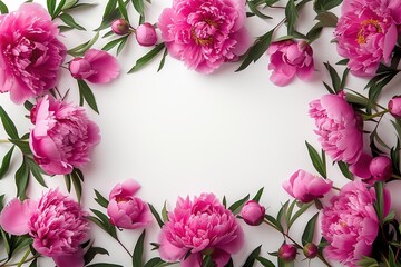 beautiful creative arrangement of pink and white peonies in a circle on a white background copy space