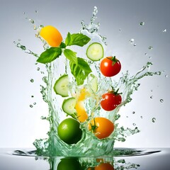 Water wave splash with fruits, background for fruit juice drink AI generated