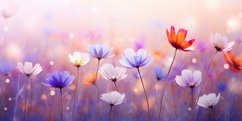 an abstract spring background, full of colorful flowers - obrazy, fototapety, plakaty