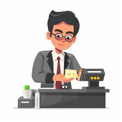 Bank Teller Counting Cash - Bank. Vector Icon Illustration. Job Icon Concept Isolated Premium Vector. 