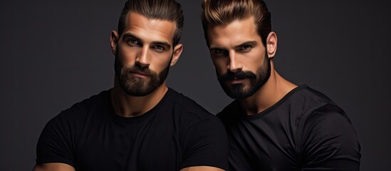 Obraz premium Two men are standing side by side, exuding a sense of confidence and camaraderie. Both men sport facial hair and have their hair styled in a bun, adding to their striking appearance.