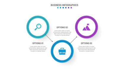 Timeline infographic with infochart. Modern presentation template with 3 spets for business process. Website template on white background for concept modern design. Horizontal layout.