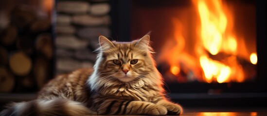 A domestic cat is resting on the floor in front of a fireplace, keeping warm by the burning flames. The cat appears comfortable and content in its cozy surroundings.