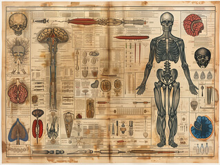 An old book of anatomy with drawings, the first studies of the human body