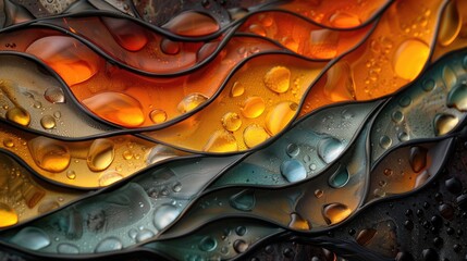 Closeup textured surface with wavy lines, orange, yellow, and black colors and droplets.
